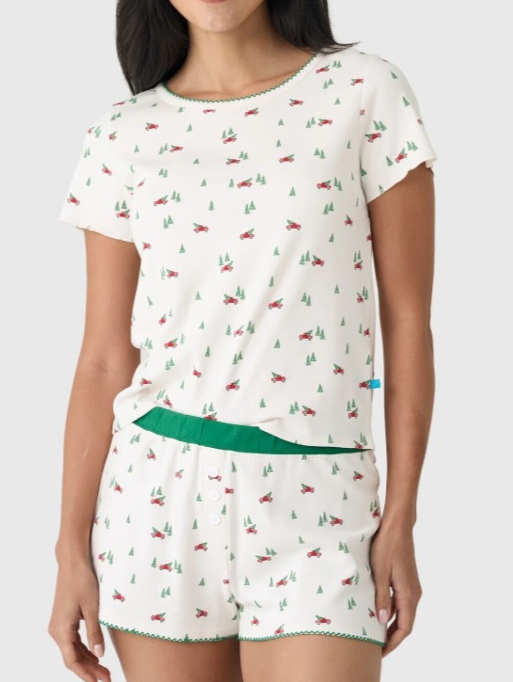 Cozyland Suzie Short Holiday Print Pajama Set Cream With Green Trim
